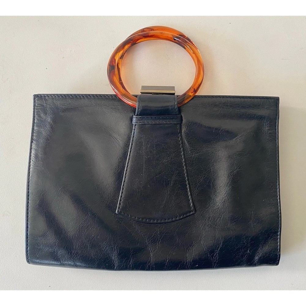 Vtg HOBO International Black Leather Bag Tortoise Lucite Style Handles 90s Y2K